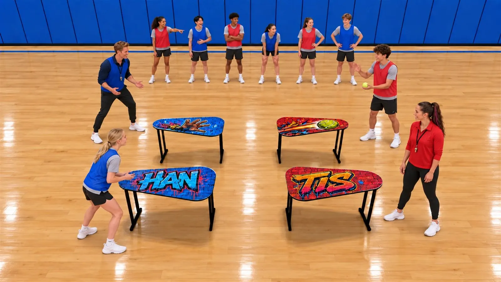Two coaches and two students play Hantis on four tables, two blue and two red, set in a square in a gym while the rest of the class watches in pinnies