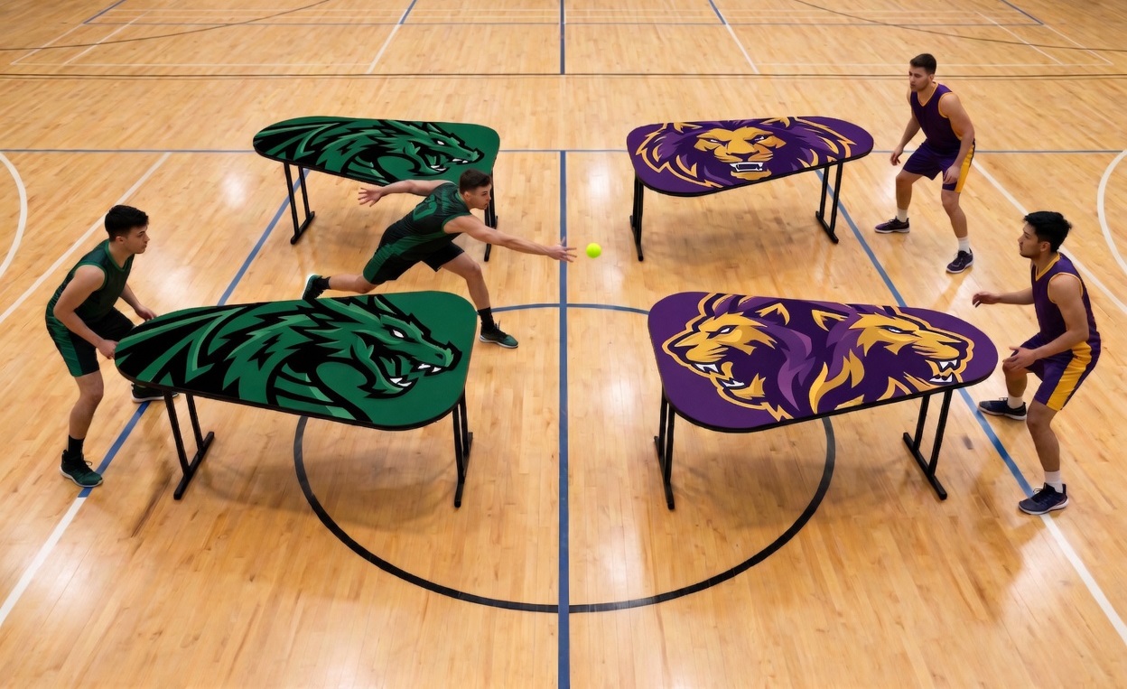 Hantis tables with red and blue covers set up in a gymnasium