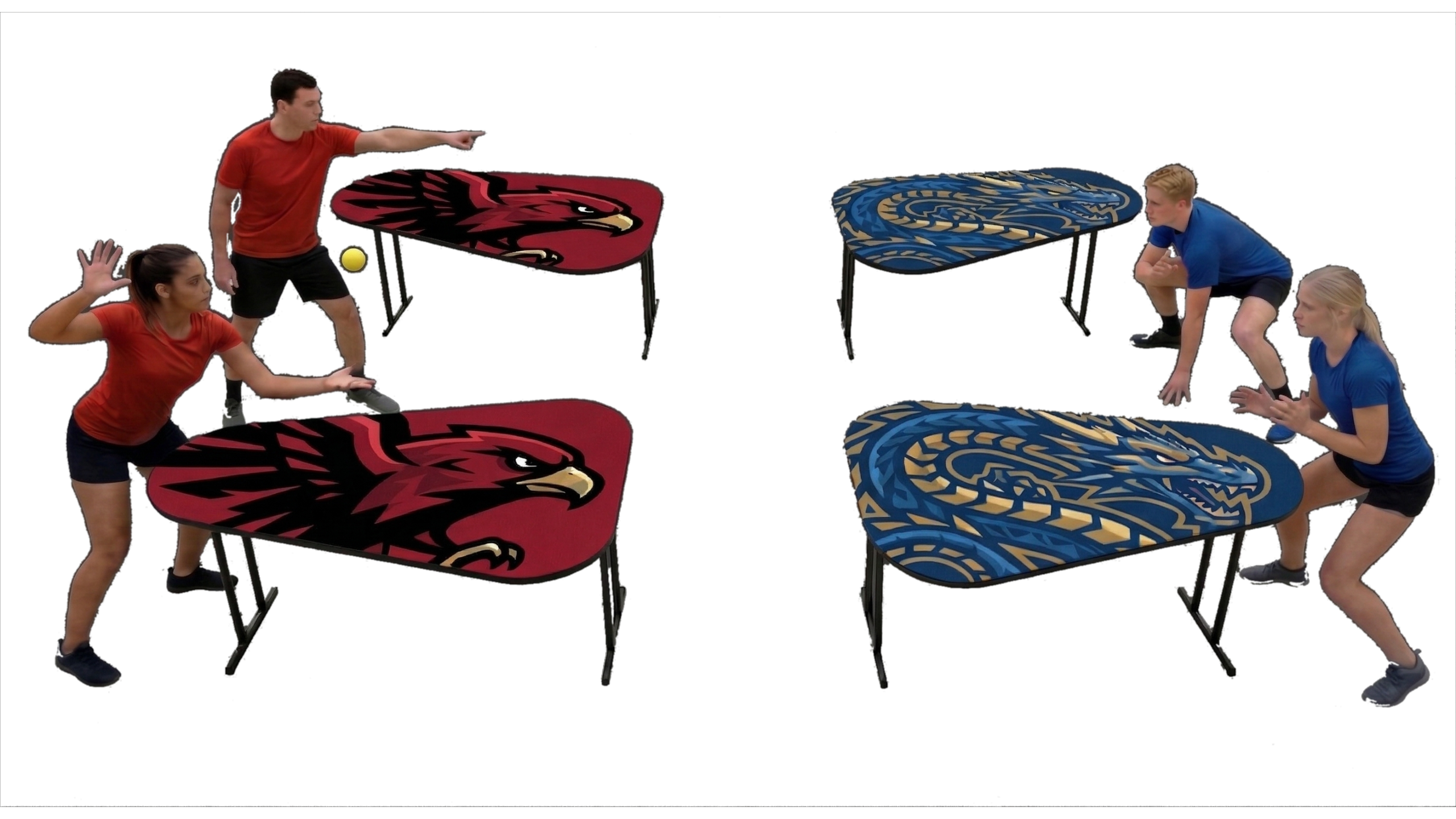 Four players playing Hantis around four tables with one ball